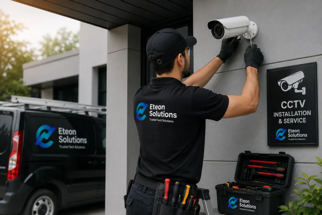 Eteon Solutions technician installing a CCTV camera on-site