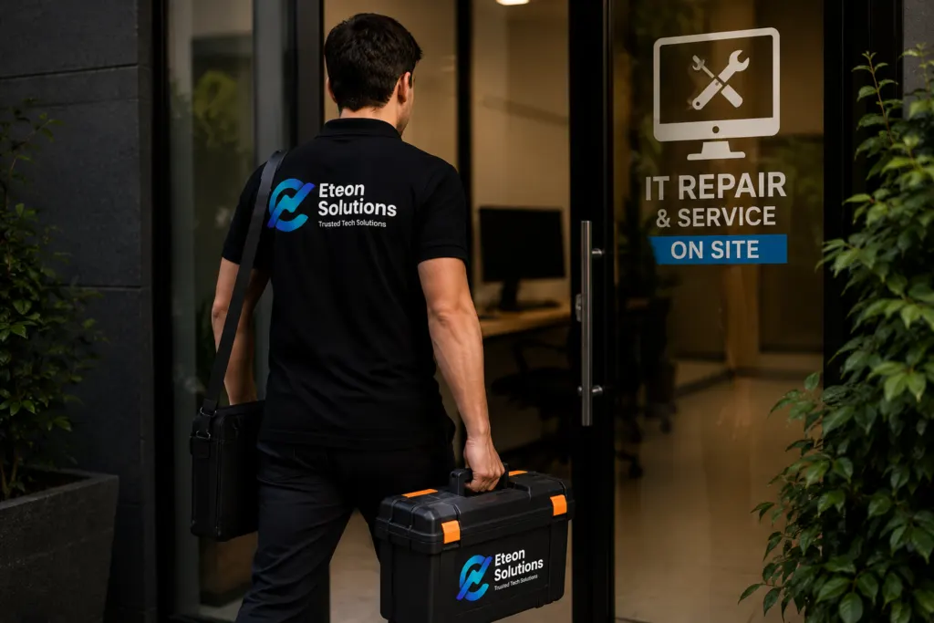 Eteon Solutions technician arriving on-site for IT repair and support